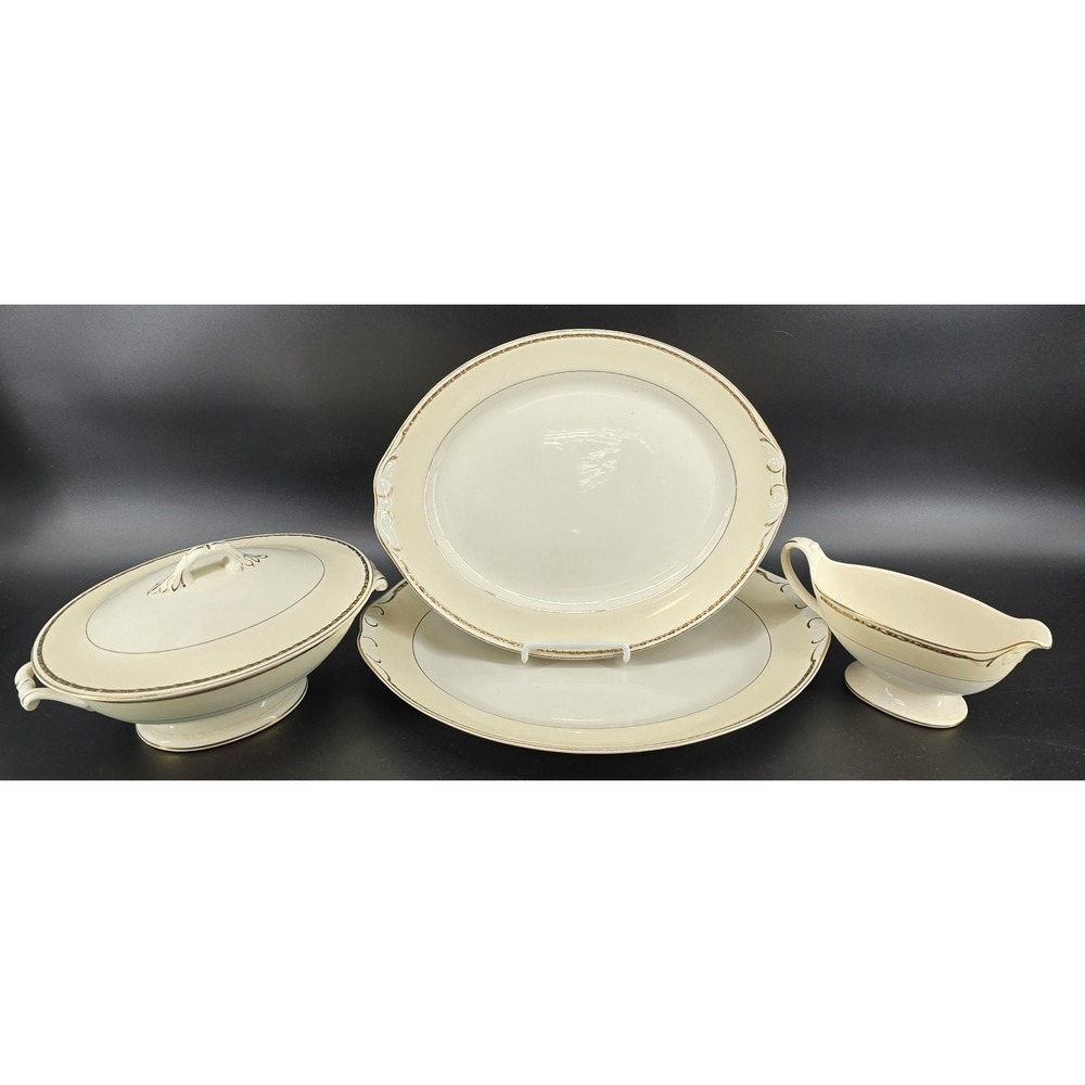 5 Piece Vtg Homer Laughlin Eggshell Viceroy Serving Set Platters Gravy Dish‎ Lid